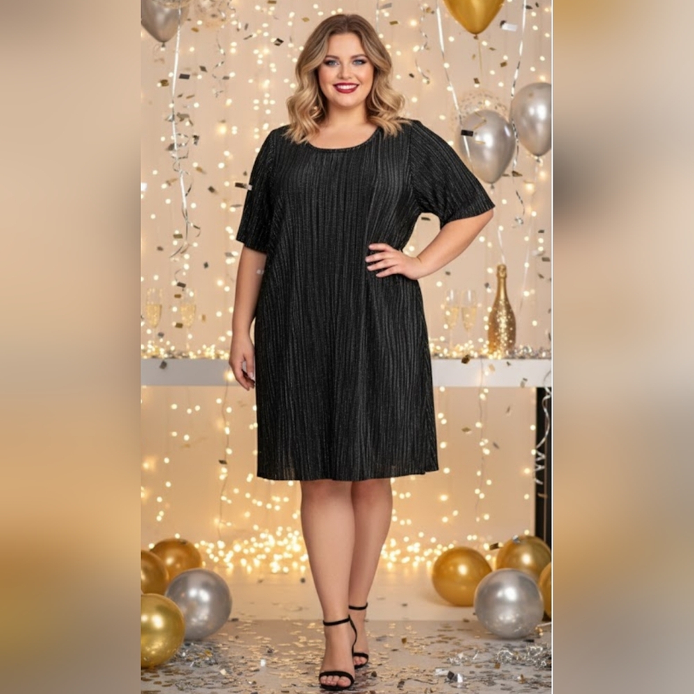 George Plus Black Crinkle Metallic Polka Dot T-Shirt Dress ,size XL